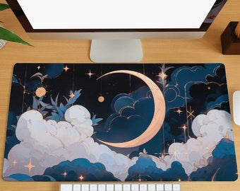 Moon and Cloud Desk Mat Celestial Large Gaming Mouse Pad Night Sky Computer Laptop Keyboard Mat Desk Pad for Work Office Home