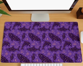 Mystical Desk Mat Whale Sea Creatures Pattern Desk Pad Large Gaming Mousepad Purple Background Office Keyboard Mouse Mat