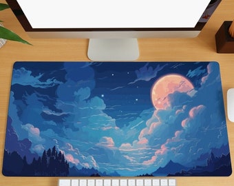 Night Landscape Desk Mat, Moon and Clouds Desk Mat, Night Sky Gaming Desk Pad, Extra Large Mouse Pad, Keyboard Mouse Mat, Birthday Gift