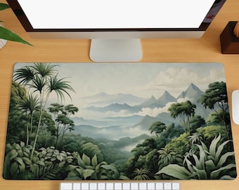 Green Forest Desk Mat, Mountain Desk Mat, Nature Landscape Large Mousepad, Plants Botanical Office Keyboard Mat, Desk Decor