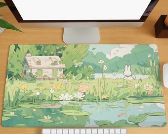 Kawaii Green Desk Mat Cartoon Animal Mouse Pad Anime Forest Desk Mat Cute Bunny Computer Keyboard Desk Mat Extra Large Mouse Pad