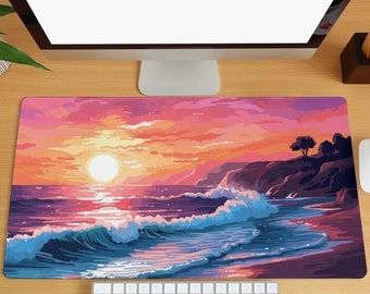 Beach Sunset Desk Mat, Beach Wave Desk Mat, Nature Aesthetic Large Gaming Mouse Pad, Computer Keyboard Mat, Coastal Scenery