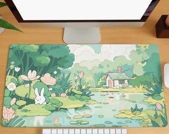 May include: A rectangular mousepad featuring a serene landscape with a pond, flowers, and a small house. A white rabbit is near the pond. The color palette includes greens, blues, and pinks. A white keyboard, mouse, and computer monitor are also visible.
