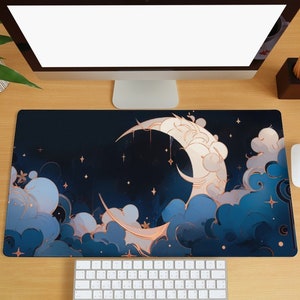 May include: A blue and white crescent moon with gold accents on a dark blue background with white stars. The moon is surrounded by white clouds with gold accents. The background is a dark blue with white stars.