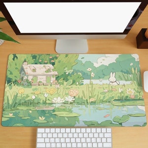 Alfombrilla de escritorio verde kawaii con dibujos de animales, alfombrilla de ratón con diseño de bosque de anime, alfombrilla de escritorio con bonito conejito para teclado de ordenador, alfombrilla de ratón extragrande