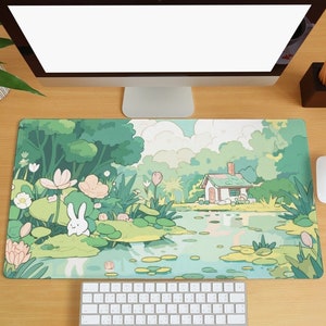 Alfombrilla de escritorio con dibujos de animales kawaii, alfombrilla de escritorio con diseño de planta verde y flores, alfombrilla grande para ratón para juegos con bonito conejito, alfombrilla para teclado de ordenador, accesorios de oficina
