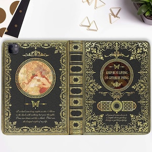 May include: A black and gold phone case with a vintage book design. The front cover features a woman in a floral dress and the text "I've had some long nights in stir, alone in the dark with nothing but your thoughts. Time can draw cut like a blade. That was the longest night of my life." The back cover features a gold circle with the text "KEEP BUSY LIVING OR GET BUSY DYING".
