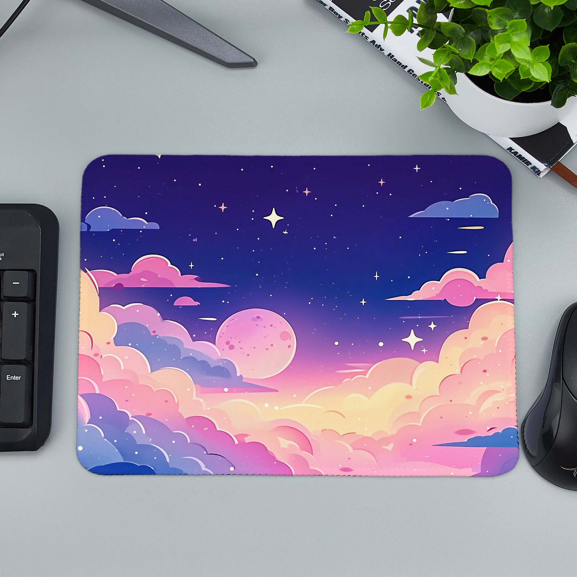 Pastel Cloud Desk Mat Moon Starry Sky Large Mouse Pad Kawaii Cute Desk ...