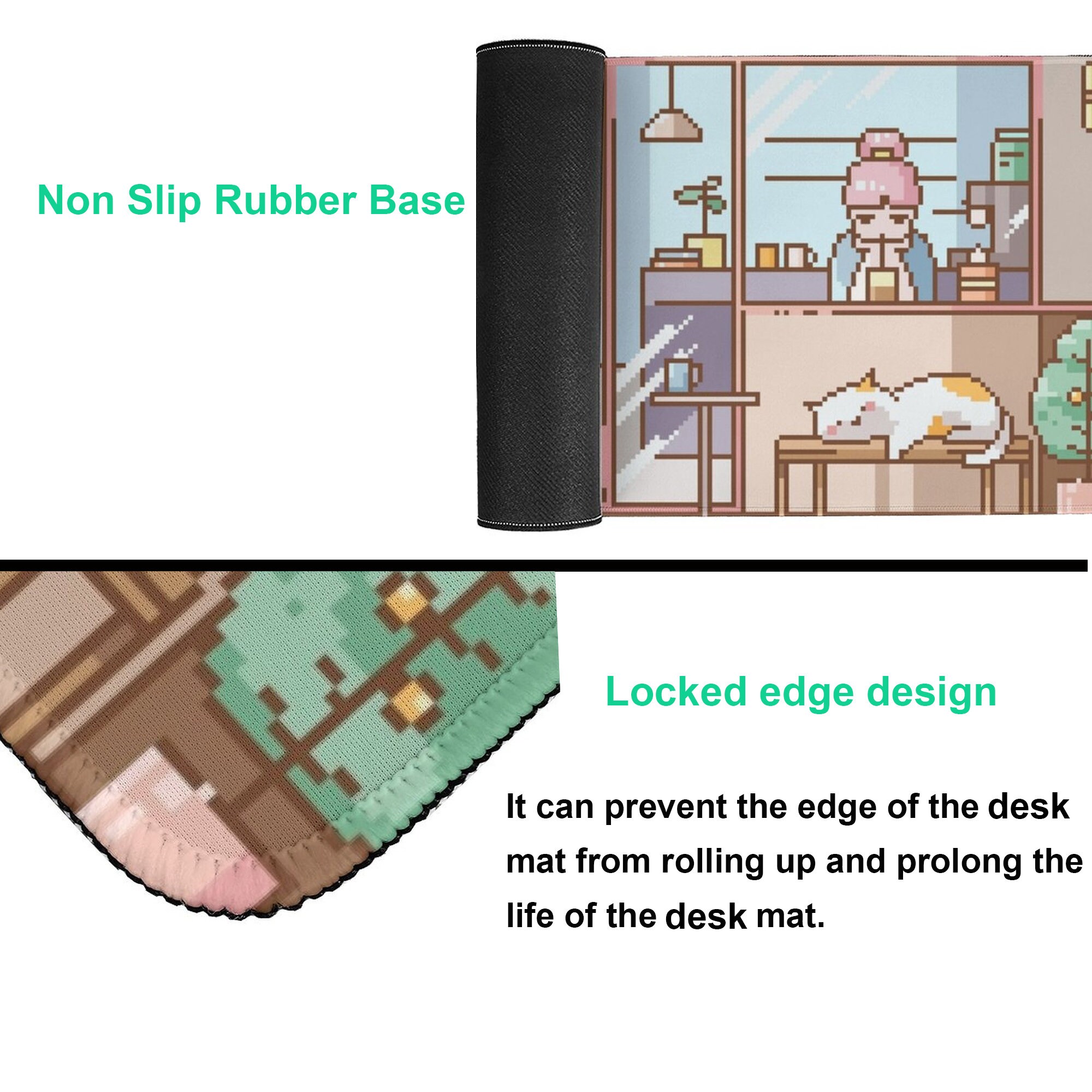 Pixel Art Desk Mat, Cafe Scene Gaming Mouse Pad, Girl and Cute Cat Desk
