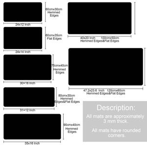 May include: A diagram showing different sizes of mouse pads with measurements in inches and centimeters. The mouse pads have either hemmed or flat edges. The text "Description: All mats are approximately 3 mm thick. All mats have rounded corners." is included.