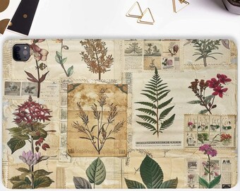 May include: A vintage-style phone case with a collage of botanical illustrations. The design features various flowers, ferns, and leaves in shades of green, brown, and red on a cream background.
