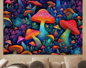 Psychedelic Mushroom Tapestry Wall Hanging,Magic Tapestry,Trippy Decor,Psytrance Tapestry,Mystical Night Forest, Home Decor for bedroom room