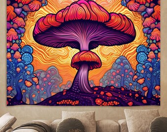 Sci-Fi Mushroom Tapestry, Retro Mushroom Tapestry, Mystical Night Forest, Cosmic Decor,Trippy Fantasy Art,Home Decor for bedroom living room