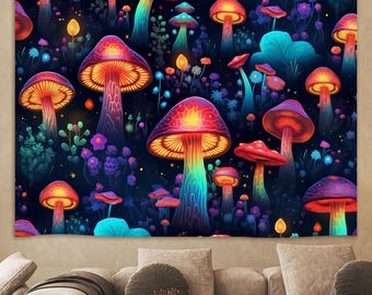 Psychedelic Mushroom Tapestry Wall Hanging,Trippy Decor, Psytrance Tapestry, Mystical Night Forest, Home Decor for bedroom room