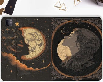 May include: A black tablet case featuring a celestial design. The case is split into two panels, each with a different illustration. One panel depicts two silhouettes facing each other in front of a moon. The other panel shows a woman's profile with a moon.