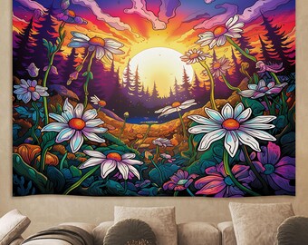 Psychedelic Flower Wall Tapestry, Psychedelic Daisies Tapestry, Daisy-filled design Wall Hanging Trippy Tapestry,Home Decor for bedroom room