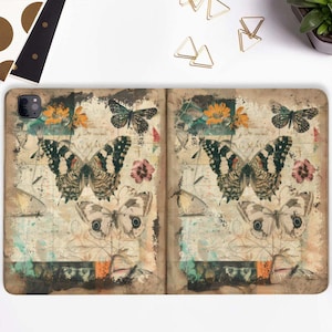 May include: A tablet case featuring a vintage butterfly and floral design. The case has a distressed, aged paper aesthetic with illustrations of butterflies, flowers, and handwritten script. The color palette includes beige, brown, and touches of orange and pink.