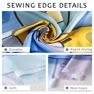 May include: Close-up of the sewn edges of a colorful fabric. The fabric is soft, durable, and non-toxic. It is also rapid drying.