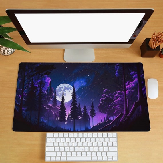 Fantasy Forest Desk Mat, Dark night Landscape Mousepad, Bright Stars and Moon, Purple Large Desk Mat, Computer Desk Mat, Home Office