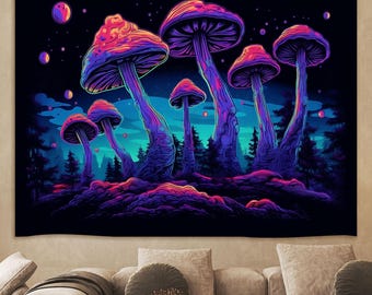 Sci-Fi Mushroom Tapestry, Retro Mushroom Tapestry, Mystical Night Forest, Cosmic Decor,Trippy Fantasy Art,Home Decor for bedroom living room