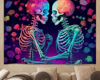 Hermoso tapiz de pared con calaveras, tapiz gótico, tapiz de ciencia ficción, tapiz de esqueleto con arte de pared gótico, decoración de Dark Academia para dormitorio