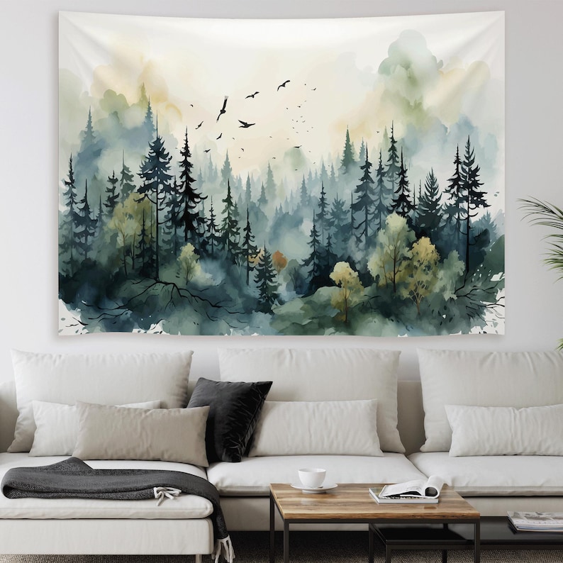 Watercolor Green Forest Tapestry,boho Wall Hanging Tapestry, Forest