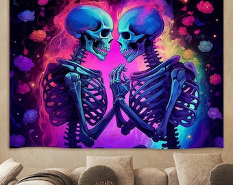 Hermoso tapiz de pared con calaveras, tapiz gótico, tapiz de ciencia ficción, tapiz de esqueleto con arte de pared gótico, decoración de Dark Academia para dormitorio