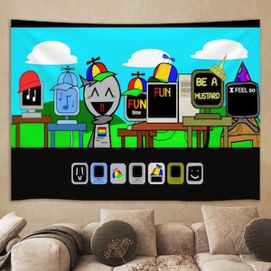 May include: A vibrant tapestry depicting cartoon computers with different hats and expressions set against a blue sky. The computers display the words "FUN time", "BE A MUSTARD", and "I FEEL SO". A row of computer icons is at the bottom.