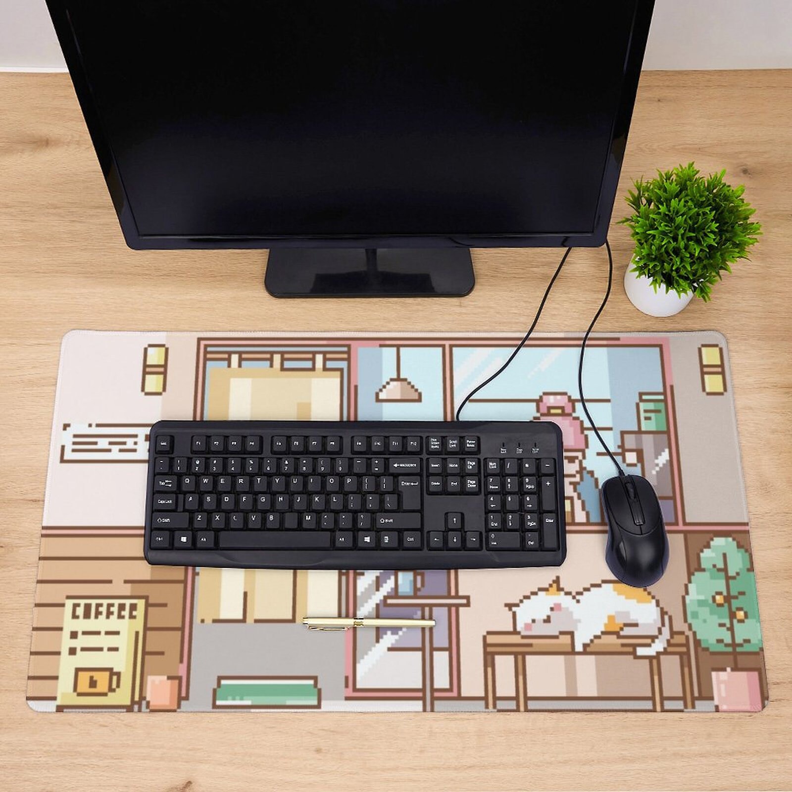 Pixel Art Desk Mat, Cafe Scene Gaming Mouse Pad, Girl and Cute Cat Desk