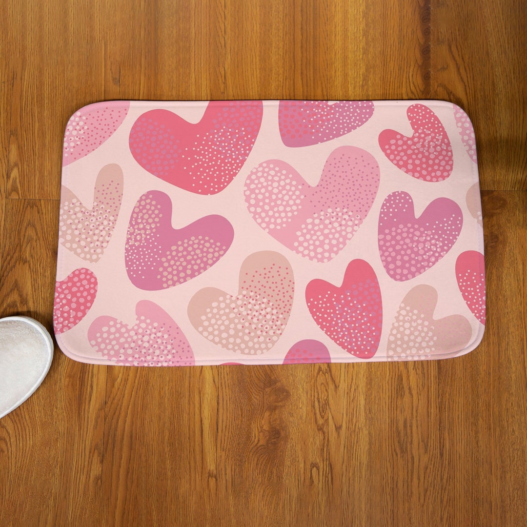 Love Hearts Bath Mat, Pink Bathroom Rug, Aesthetic Boho Bath Rug, No