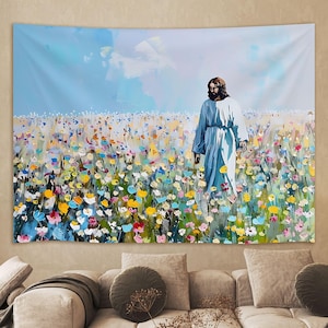 Jesus Tapestry, Jesus Walking on the Flowers Tapestry,Religious Tapestry, Hanging Wall Art,Jesus Religious Tapestries for Home Bedroom Decor