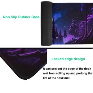 May include: A black and purple gaming mouse mat featuring a forest scene and a starry night sky. The mat has a non-slip rubber base and a locked edge design to prevent it from rolling up.