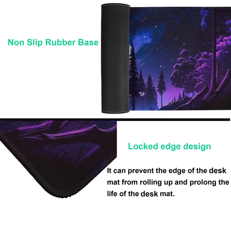 May include: A black and purple gaming mouse mat featuring a forest scene and a starry night sky. The mat has a non-slip rubber base and a locked edge design to prevent it from rolling up.