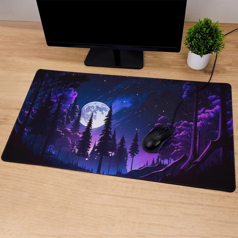 May include: A black and purple gaming mouse mat featuring a starry night sky with a full moon above a silhouetted forest.