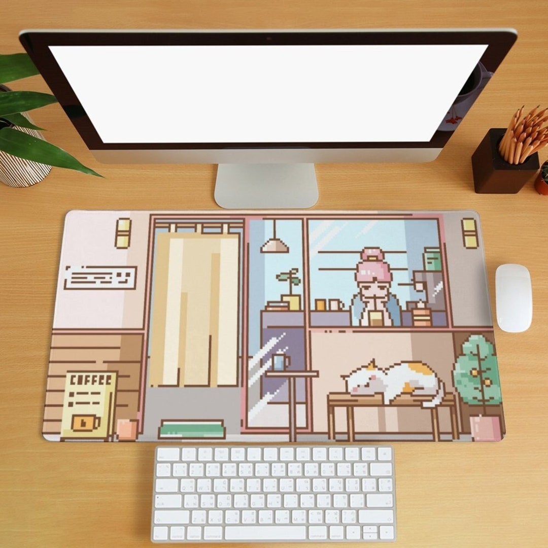 Pixel Art Desk Mat, Cafe Scene Gaming Mouse Pad, Girl and Cute Cat Desk