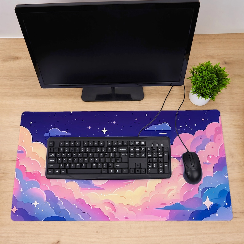 Pastel Cloud Desk Mat Moon Starry Sky Large Mouse Pad Kawaii Cute Desk ...