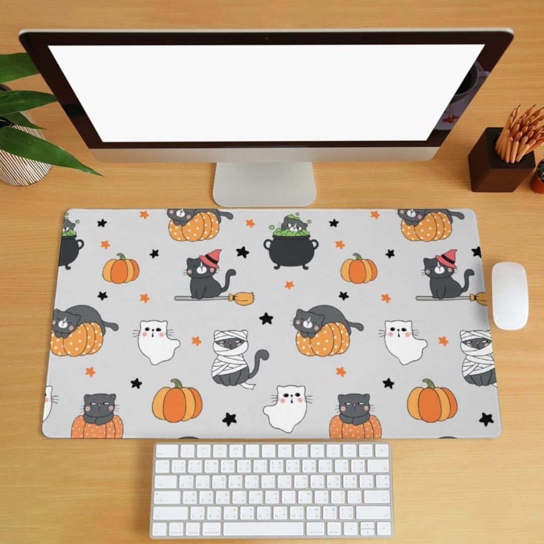 Kawaii Cartoon Cat Desk Mat, Ghost Witch Cat Mouse Pad, Halloween Desk ...