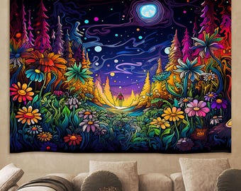 Psychedelic Magic Forest Tapestry, Psychedelic Flower Wall Tapestry, Trippy Surreal Wall Hanging Trippy Tapestry,Home Decor for bedroom room