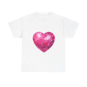Pink Love Heart Disco Ball T-Shirt, Unisex Tee, Cotton Shirt, Romantic Gift, Valentine&#39;s Day Top, Dance Party Apparel