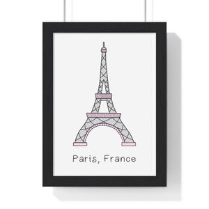 Framed Poster: Paris Eiffel Tower Cartoon Pink Accents, Wall Art Print, Home Decor, Travel Poster, Gift for Traveler, Vertical Poster