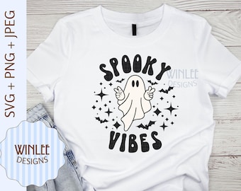 Vibras espeluznantes SVG / Camiseta de Halloween / Fantasma retro PNG / Temporada espeluznante Svg / Camiseta retro de Halloween SVG / Chica espeluznante Svg / Vibras de murciélago de Halloween