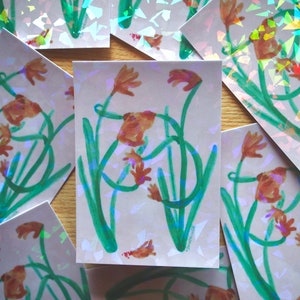 de combat de fleur de main | Mignon Floral Drôle Holographe Nature Rose Plantes Aquarelle Lunatique Unique Vinyle Résistant Aux Intempéries | 2,5 x 3,5 pouces