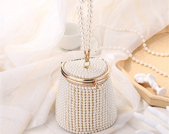 Pearl Clutch Evening Bucket Bag,Beaded Bag Wedding Clutch with Pearl Chain Weave Crystal Pearl,Bridal Purse WeddingGift Bridal Gift