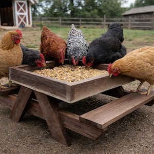 Chic-Nic table feeder for chickens white oak, maple, walnut