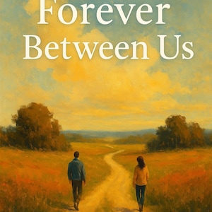 May include: Book cover art for "The Forever Between Us," featuring a couple walking on a path. The sky is a mix of blue and yellow, with the title in large white letters. The words "A Novel" are at the bottom.