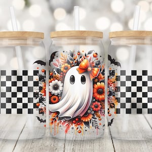 Halloween Cute Ghost Pumpkin 16oz Glass Can Wrap Png, Sublimation Design, 16oz Glass Cup Png, Retro Fall, Trendy Floral Autumn Ghost Png
