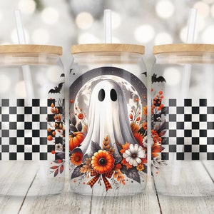Halloween Cute Ghost Pumpkin 16oz Glass Can Wrap Png, Sublimation Design, 16oz Glass Cup Png, Retro Fall, Trendy Floral Autumn Ghost Png