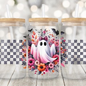 Pink Halloween Cute Ghost Pumpkin 16oz Glass Can Wrap Png, Sublimation Design, 16oz Glass Cup Png, Retro Fall Trendy Floral Autumn Ghost Png