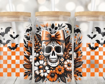 Halloween Skull 16oz Glass Can Wrap Png, Seamless Sublimation Design, 16oz Glass Cup Png, Spooky Season PNG, Floral Skeleton Jar Tumbler PNG
