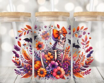 Halloween Skull 16oz Glass Can Wrap Png, Seamless Sublimation Design, 16oz Glass Cup Png, Spooky Season PNG, Floral Skeleton Jar Tumbler PNG
